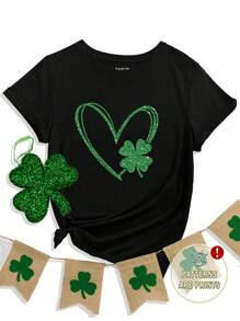 SHEIN LUNE 休闲宽松三叶草爱尔兰圣帕特里克节爱心闪光圆领短袖大码女式 T 恤，适合夏季 - 黑色 - 查看 1