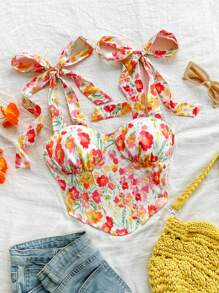 Soleia Women Tie Dye Watercolor Floral Print Camisole, Spaghetti Strap Bow Detail Summer Beach Western Music Festival Boho Style Top - Multicolor - View 1