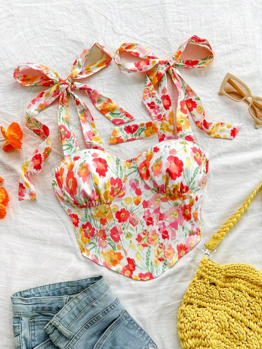 Soleia Women Tie Dye Watercolor Floral Print Camisole, Spaghetti Strap Bow Detail Summer Beach Western Music Festival Boho Style Top - Multicolor - View 1