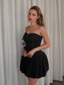 Glamine Abito mini con scollo a canottiera, fiocco, arricciatura a volant e orlo, adatto per la scuola, vestito casual elegante lunghezza ginocchio per donna, primavera/estate - nero - Visualizzare 5