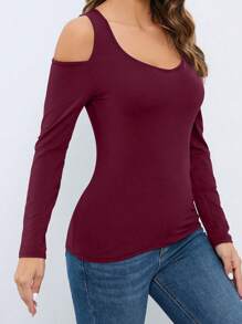 INAWLY 女士休闲纯色露肩长袖 T 恤 - 酒紅色 - 查看 3