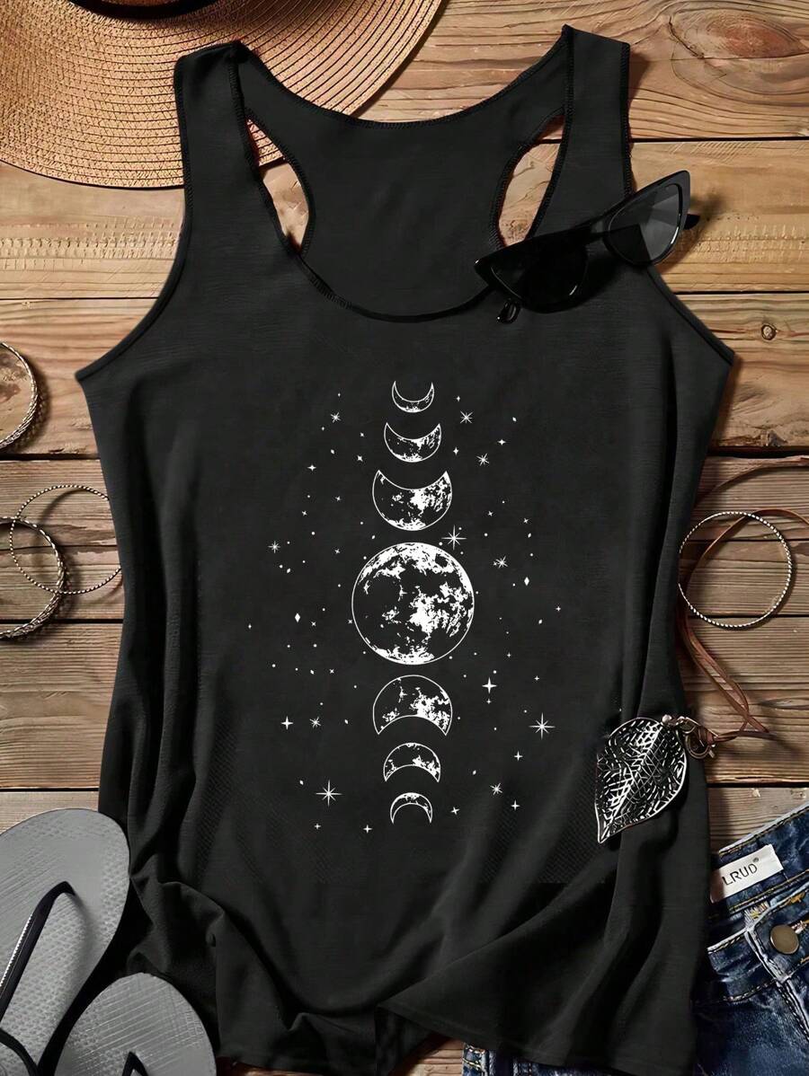 SHEIN LUNE Women's Casual Moon & Star Pattern Round Neck Camisole Tank Top, Suitable For Summer,Casual - Black - View 1