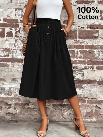 SHEIN LUNE Paperbag Waist Hidden Pocket Solid Skirt