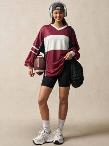 VARSITIE White & Red Stripe Patchwork Digital Print Loose Casual Sweatshirt - Multicolor - View 5