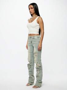 SUMWON WOMEN Ultra Distressed Ripped High Rise Denim Jeans Wide Leg Raw Hem Vintage Style Y2K Grunge Aesthetic Frayed Destroyed Pants Fall Winter Festival Fashion - Blue - View 3