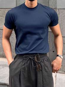 Men's Plain Cotton Crew Neck T-Shirt - Blue - View 5