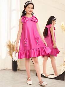 SHEIN Elegantes, ärmelloses Satinkleid mit Perlenschleife und lockerer A-Linie, Netzsaum und Farbblock für Tween-Mädchen, geeignet für Hochzeit, Geburtstag, Party