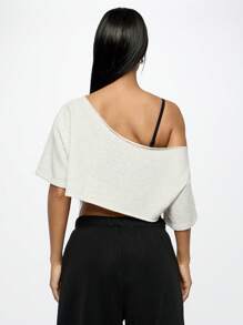 SUMWON WOMEN Off Shoulder Rider Crop Tee Urban Street Style Fashion Asymmetric Graphic Text Top Summer Festival Casual Wear - Light Grey - View 2