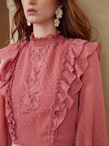 PREMIUM CONTRAST LACE RUFFLE TRIM BLOUSE - Red - View 2