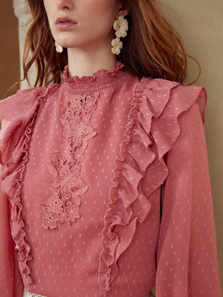 CONTRAST LACE RUFFLE TRIM BLOUSE
