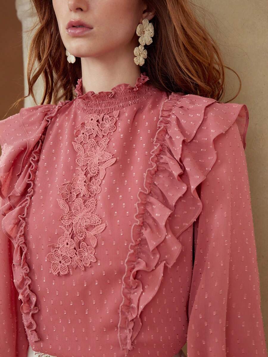 PREMIUM CONTRAST LACE RUFFLE TRIM BLOUSE - Red - View 2