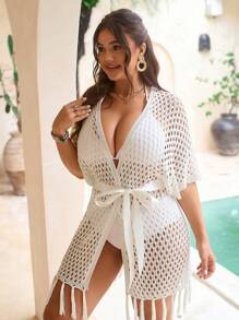 SHEIN Swim Curve Donna di taglia curvy Top ampio da spiaggia e vacanza, di colore unito, con nappine in vita e design a giorno