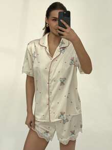 Aloruh 2 件套熊印花蕾丝拼布睡衣套装（含短裤） - 杏色 - 查看 7