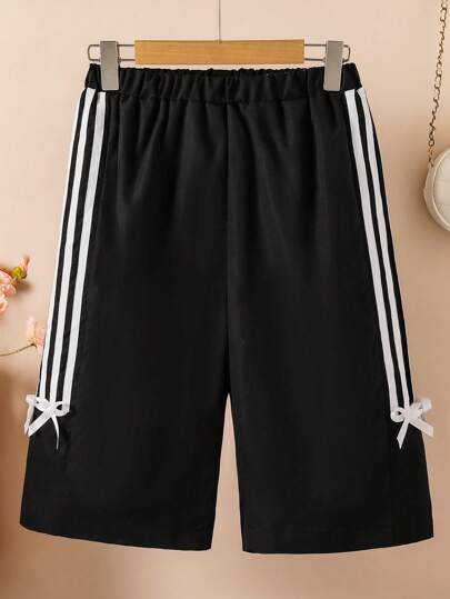 Teen Girls' Casual Colorblock Striped Bow Accent Shorts