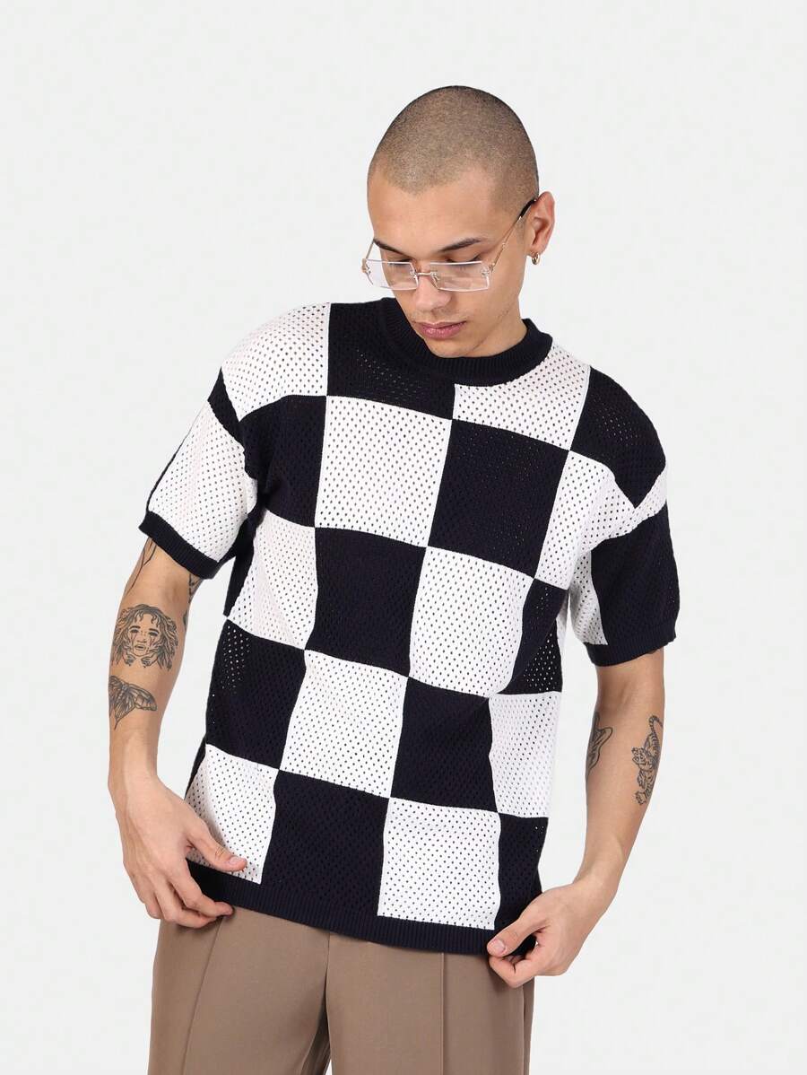 SUMWON Kariert gehäkeltes Kurzarm T-Shirt, Retro Urban Streetwear Sommer Lässig Mesh Muster Klassisches Quadratisches Design Mode - Blau-Weiß - Übersicht 1