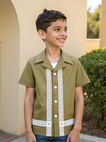 男童传统风格短袖衬衫，年轻男孩休闲复古印花衬衫服装 - 軍綠色 - 查看 3
