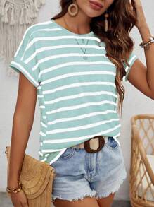 EMERY ROSE 女士夏季条纹印花圆领短袖休闲 T 恤图案 T 恤女式上衣 - 薄荷綠 - 查看 4
