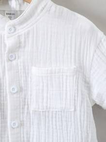 SHEIN Explorewe 夏季男童白色纯色度假简约休闲立领常规袖套装 - 白色 - 查看 6