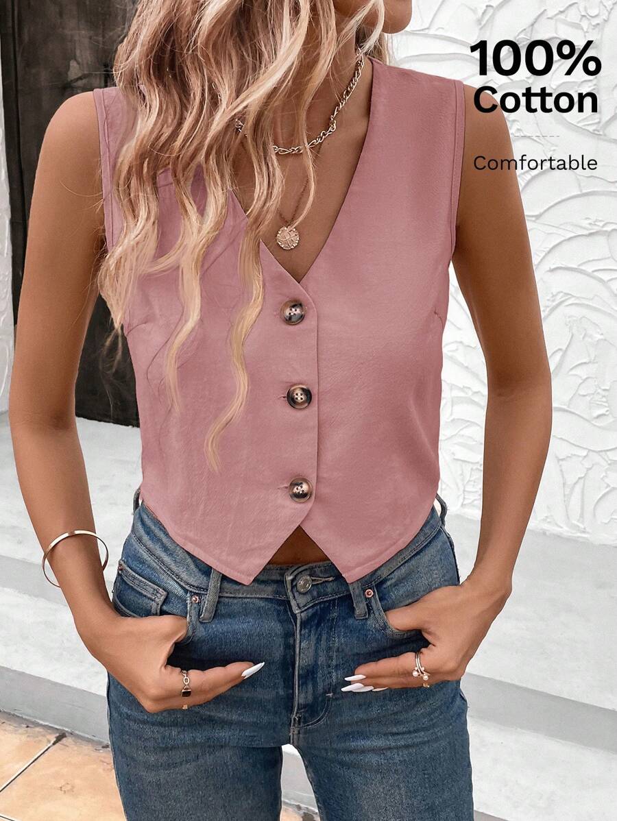 SHEIN LUNE Blusa tipo chaleco con diseño de botones delanteros y cuello en V de unicolor para dama de oficina - Rosa vieja - Ver 1