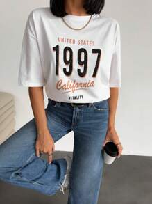 EURMUSE 女士字母图案短袖 T 恤正面印有文字外出 - 奶油色 - 查看 1