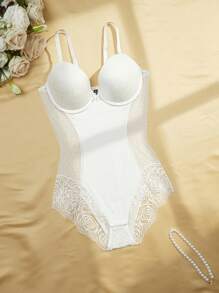 Charlaine French Sexy Lace, Mesh Patchwork, Under Wire One-Piece Jumpsuit - White - View 3