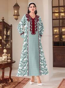 Al Najma 阿拉伯休闲简约阿拉伯风格印花 Jalabiya 连衣裙、简约全长连衣裙、卡夫坦 - 白色 - 查看 7