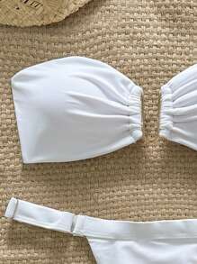 Swim Mod Springbreak 女士夏季纯色抹胸金属装饰上衣和丁字裤比基尼 2 件套，简约 - 白色 - 查看 3