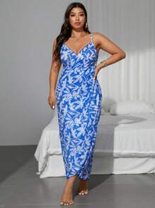 Swim Lushoire Plus Size Women Elegant Floral Pattern Adjustable Strap Cover Up Cover Up, Suitable For Beach Resort For Summer Beach Vacation - Blue - View 6