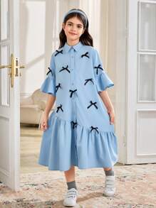 SHEIN Leap Crew Vestito camicia per ragazze pre-adolescenti in blu cielo, con maniche a campana arricciate, fiocco decorativo, vestibilità ampia e comoda, adatto per il ritorno a scuola e uso casual - celeste - Visualizzare 4