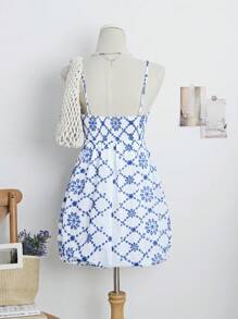 SHEIN Unity Pleated Hollow Floral Embroidered Tiered Mini Dress - Blue - View 8