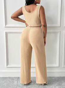 Slaydiva 女式大码休闲基本款纯色无袖 U 领系腰超长连体裤，针织面料，春夏