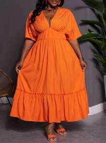 SHEIN CURVE+ Váy cam cỡ lớn cho nữ: Váy maxi bồng bềnh cổ chữ V và viền bèo nhún, hoàn hảo cho kỳ nghỉ Boho mùa hè - trái cam - Xem 7