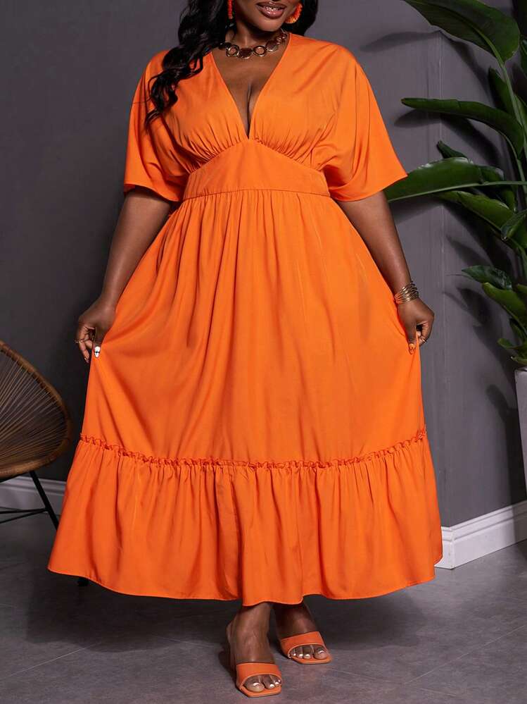 fitted lace wedding dress Final Sale Plus Size Off The Shoulder Frill Tiered Maxi Dress with Slit in Burnt Orange Tomato Red main image 0