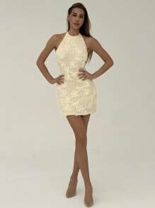 Aloruh Backless Knit Jacquard Halter Dress For Women