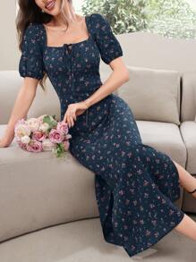 Modelyn 女士方领碎花开衩节日夏季短袖连衣裙长款晚礼服 - 藏蓝色 - 查看 7