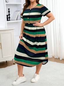 SHEIN LUNE SHEINLUNE 大码女式条纹短袖针织休闲连衣裙，女士度假装，女士朴素连衣裙，女士机场装，女士波西米亚风连衣裙，春季连衣裙，女士度假装，俱乐部连衣裙，热带连衣裙，春季 - 綠色 - 查看 3