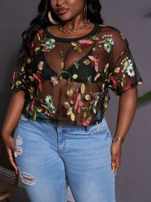 SHEIN CURVE+ 大码女式花卉刺绣时尚休闲宽松透明短袖衬衫，适合波西米亚风度假 - 彩色 - 查看 6