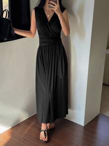 DAZY Váy không tay cổ chữ V buộc eo cho nữ, váy dài mùa hè thanh lịch, váy suông công sở cho nữ, váy trang trọng cho nữ - màu đen - Xem 4