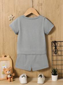 2pcs/Set Baby Boy Casual Versatile Sports Minimalist Printed Outfit Suit, Suitable For Outdoor, Spring/Summer - Grey - View 2