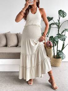 SHEIN 2pcs Maternity Set: Shirred Backless Tassel Trim Casual Top & High Waist Skirt
