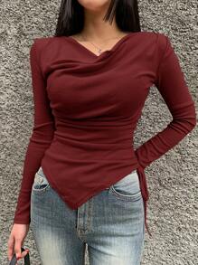 DAZY 女士纯色低胸长袖抽绳休闲 T 恤