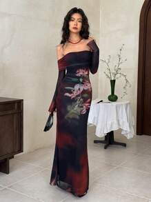 EastFlair 中国风扎染印花露肩复古连衣裙，适合女性，休闲短裙，夏季女装，生日女装，优雅礼服 - 紅色和黑色 - 查看 5