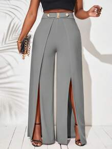 SHEIN Lady 女士纯色高腰开衩下摆宽腿宽松裤 - 灰色 - 查看 6