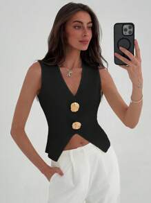 Aloruh Solid Color V-Neck Asymmetric Sleeveless Summer Knit Top - Black - View 6