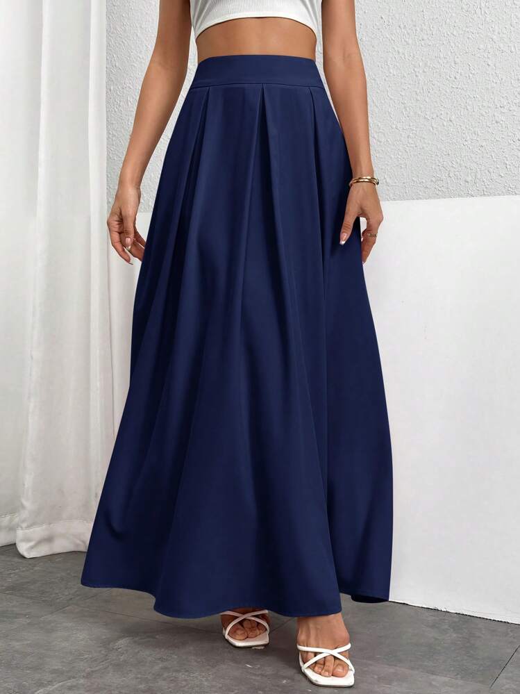 Firerie Women High Waist Pleated Long Skirt, Solid Color - Navy Blue - View 4
