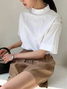 DAZY Blusa Sólida De Cuello Alto Simulado Y Hombro Caído - Blanco - Ver 4