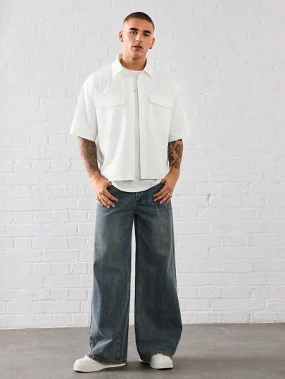 SWAVVY Unisex Casual Loose Fit Dropped Shoulder Cropped Short Sleeve Solid Color White Shirt, Suitable For Everyday Wear
