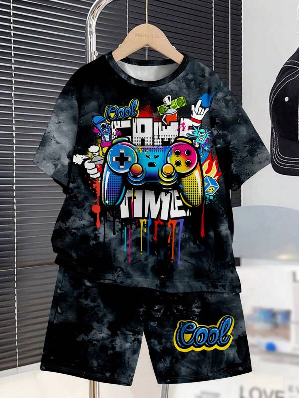 SHEIN 2pcs/Set Teen Boy Casual Minimalist Video Game Graphic Print Short Sleeve Round Neck Outfit, Suitable For Summer