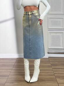 RueChic Women's Fashionable Metallic Washed Denim Mini Skirt - Multicolor - View 4