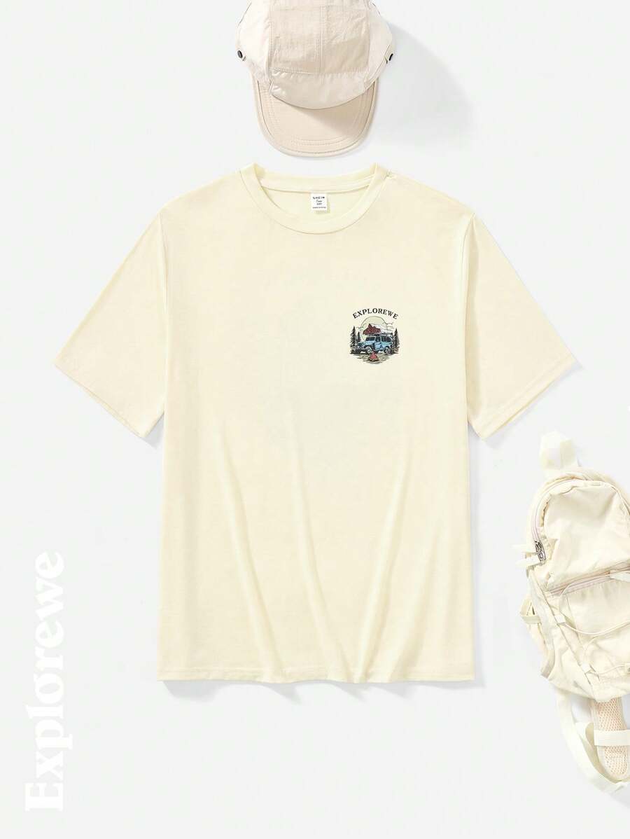 Tricou cu mânecă scurtă cu decolteu rotund cu imprimeu cu mașină și copac la modă pentru băieți, vară